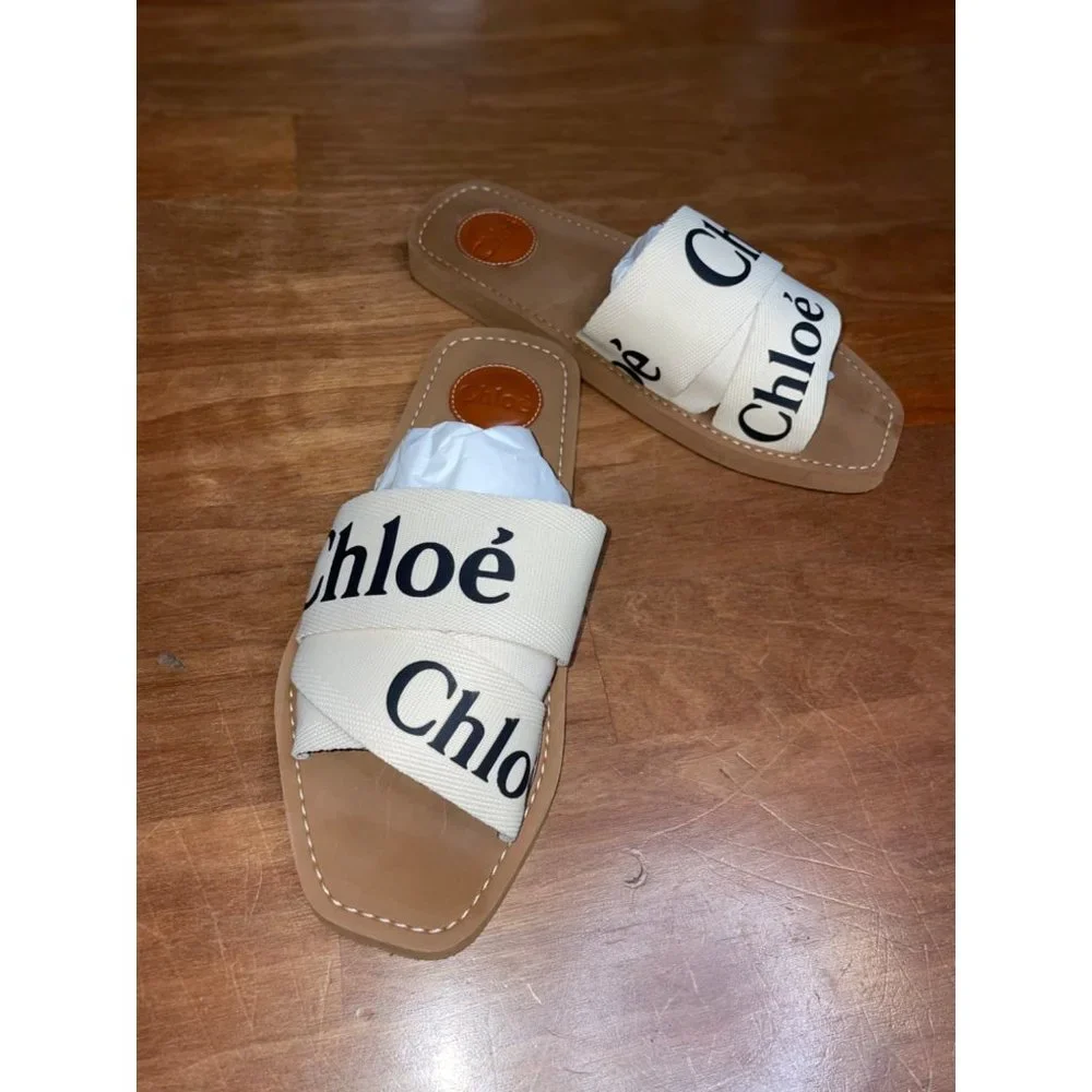 Chloé Brown Leather Slide Sandals with Cream Logo Straps - Picture 4 of 15